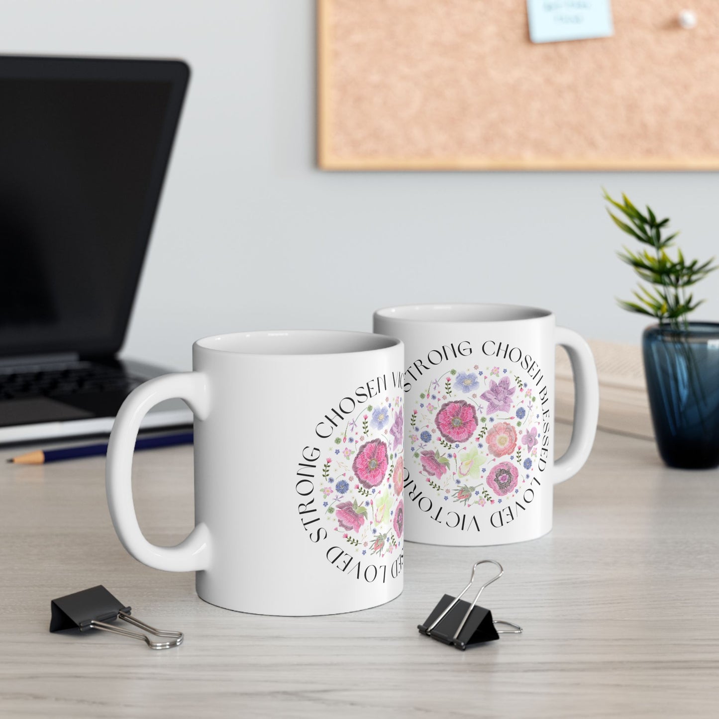 Blessed Chosen Loved Ceramic Mug - Inspirational Bible Affirmation with Floral Design (11oz, 15oz)
