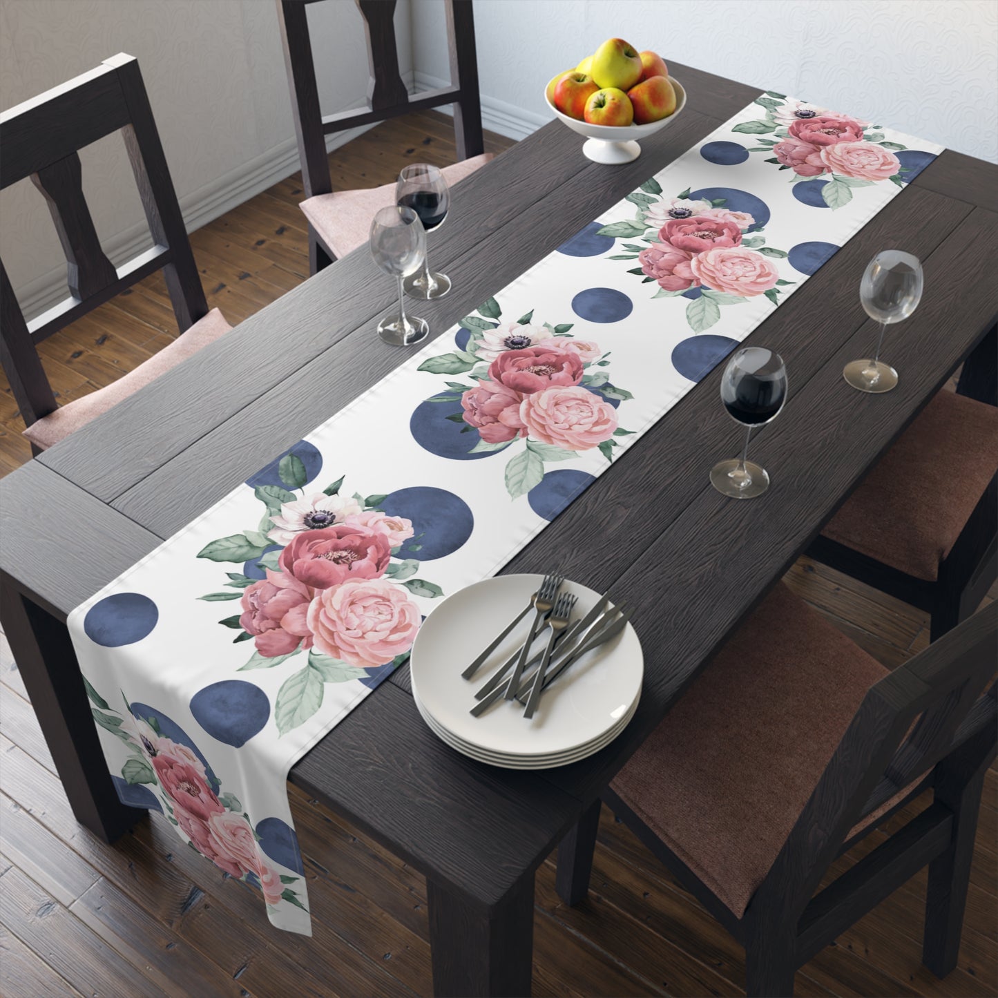 Blue Polka Dot floral Table Runner