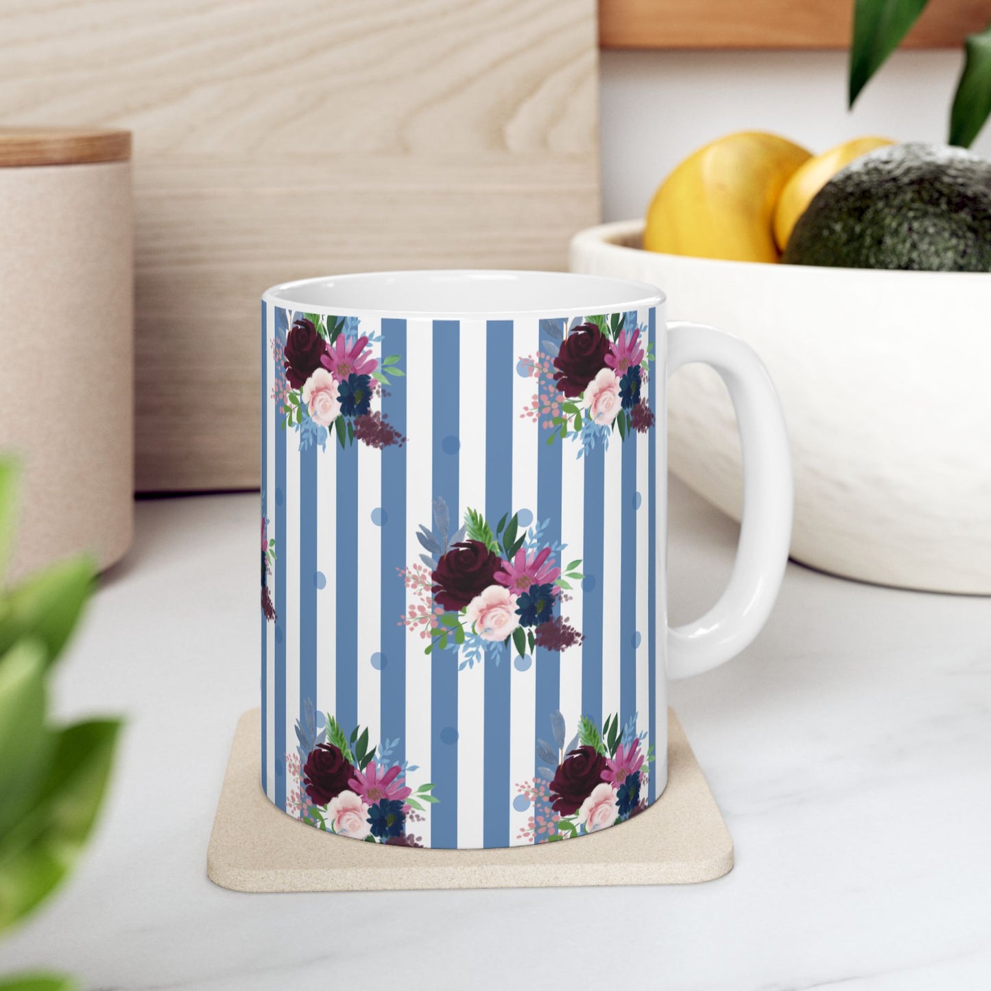 Blue Floral Ceramic Mug, (11oz, 15oz)