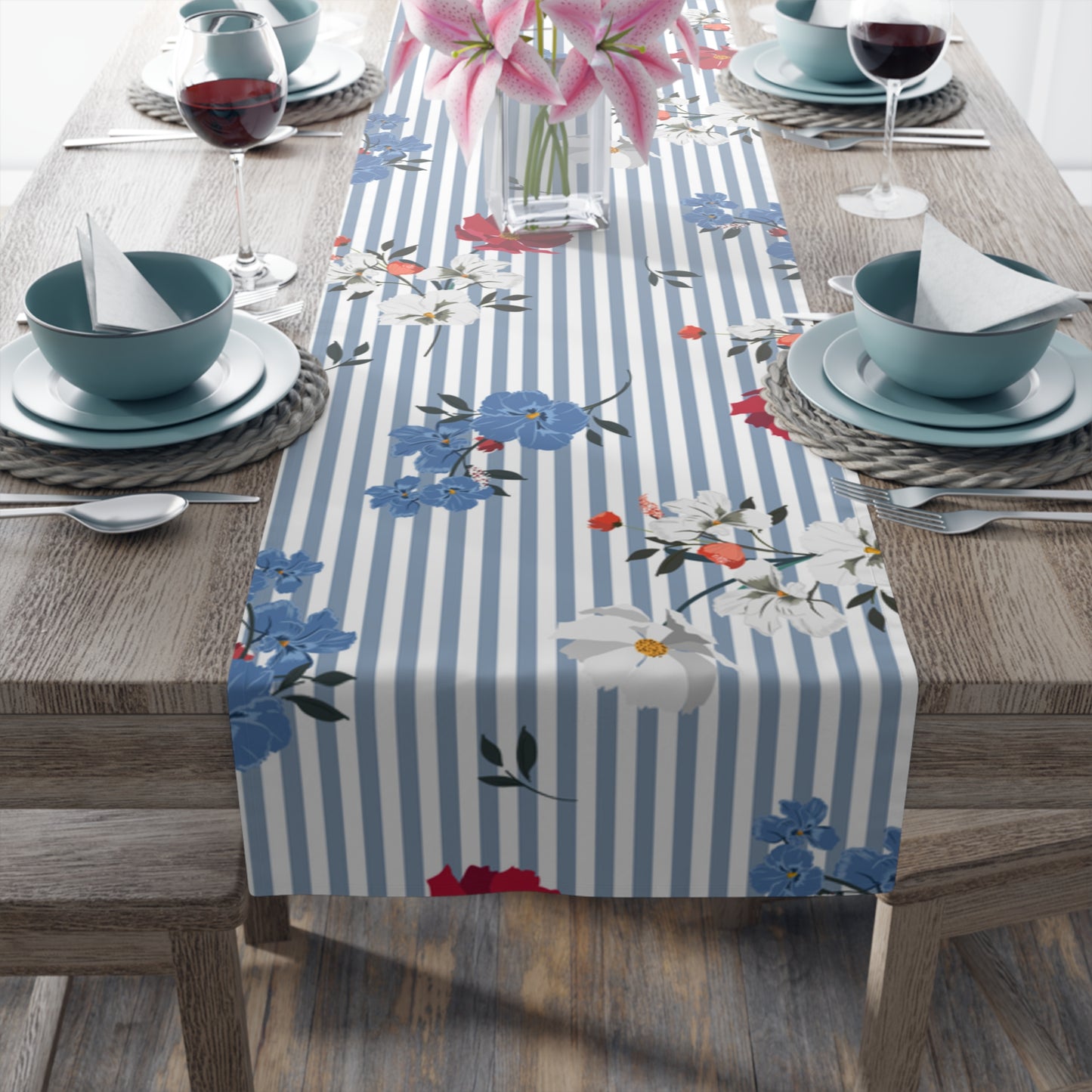 Blue Stripes with Floral Table Runner