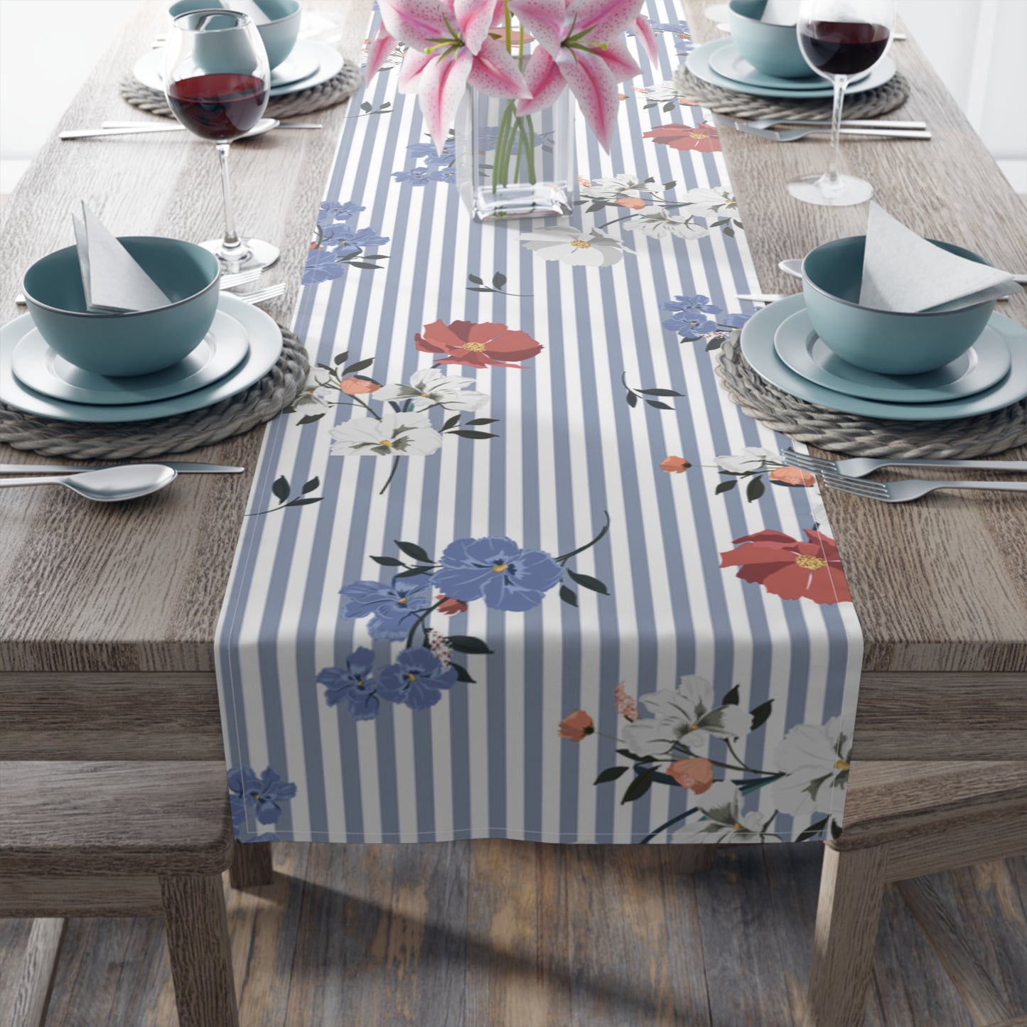 Blue Stripes with Floral Table Runner