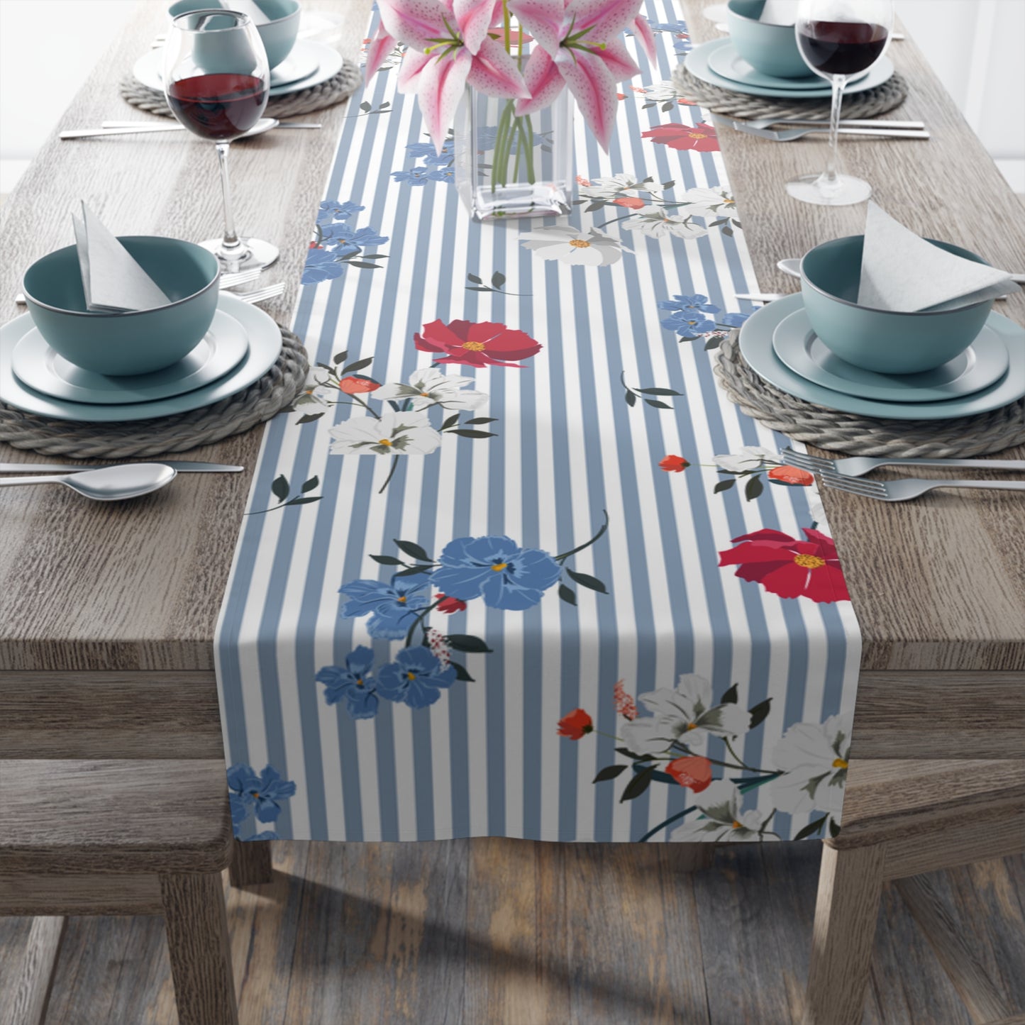 Blue Stripes with Floral Table Runner