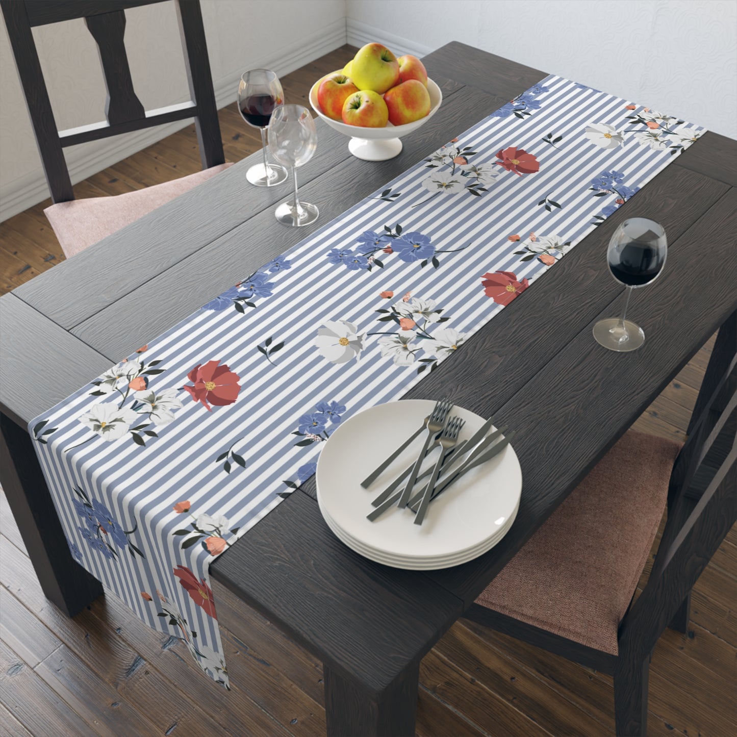 Blue Stripes with Floral Table Runner