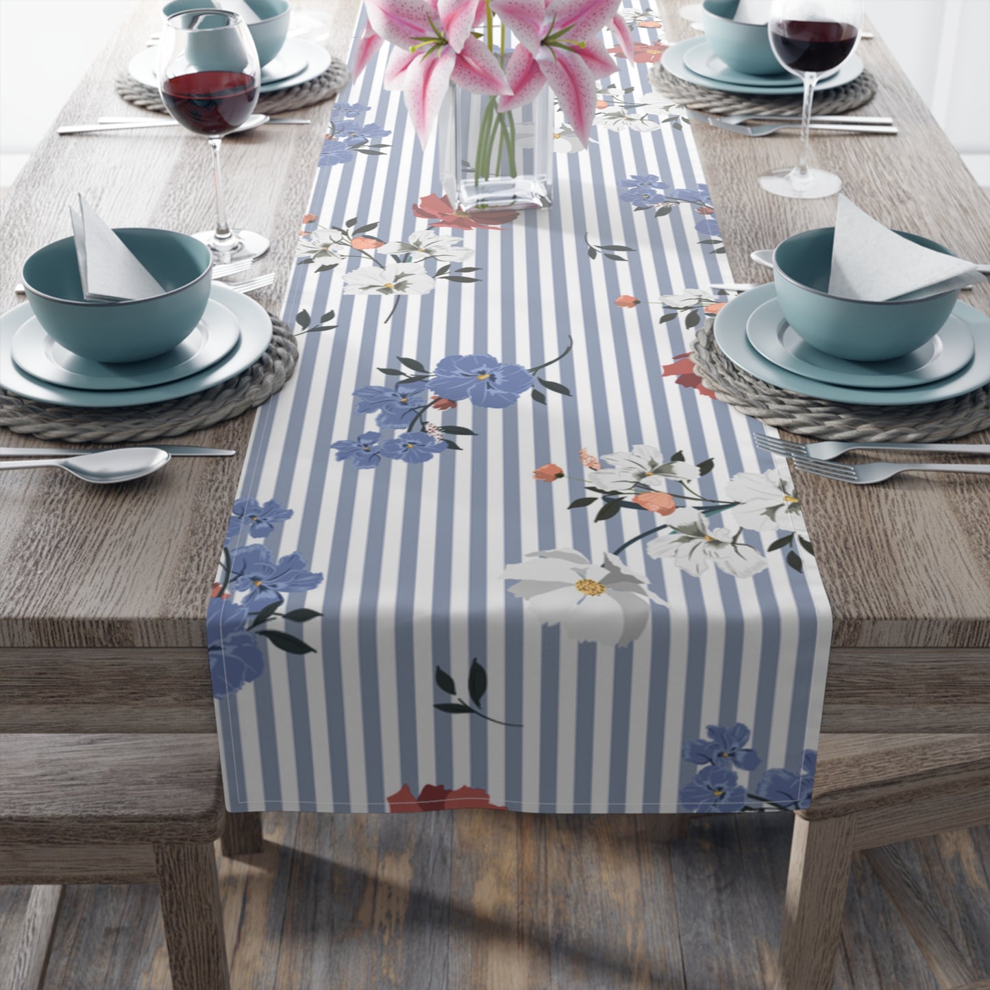 Blue Stripes with Floral Table Runner