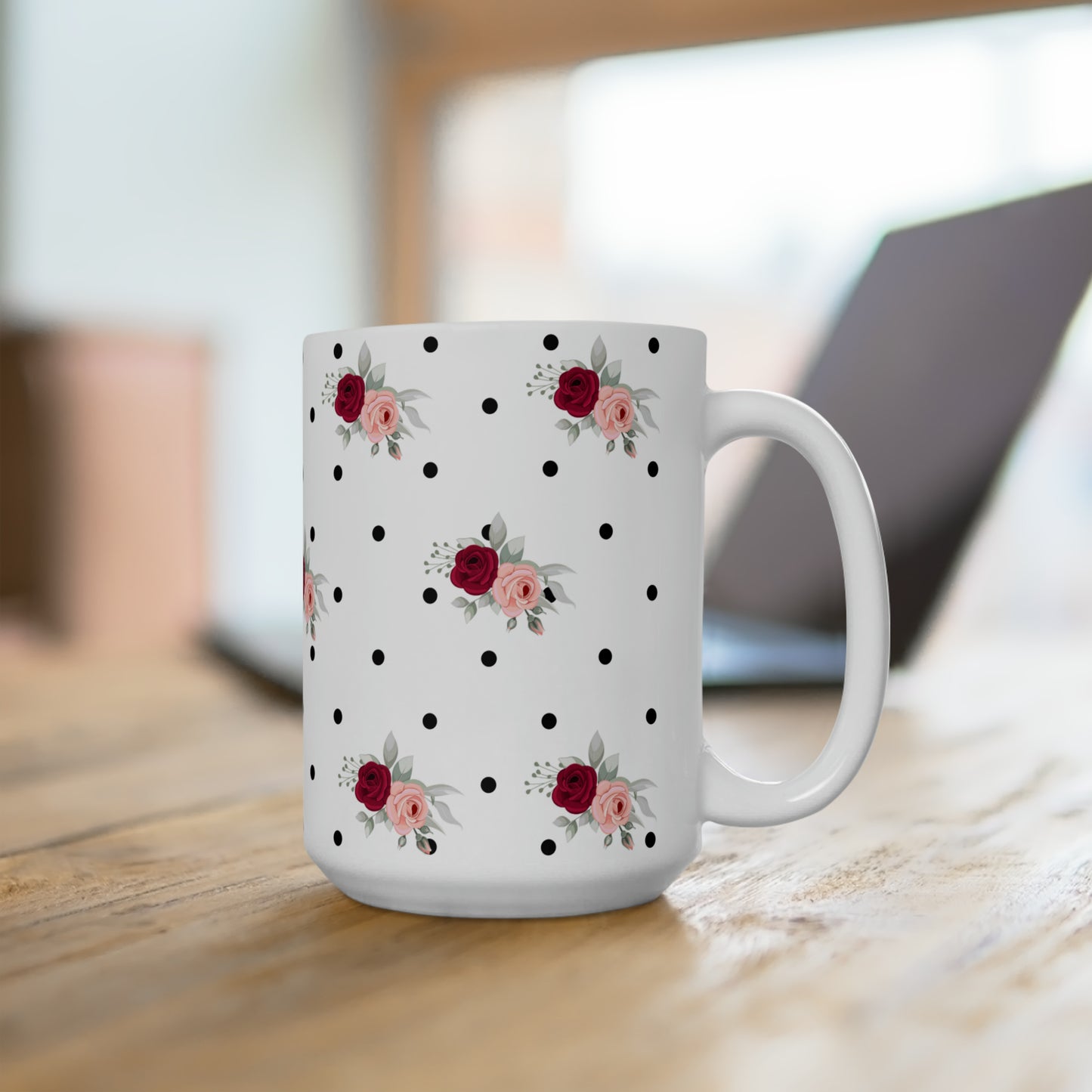 Polka Dot Red Floral Ceramic Mug 15oz