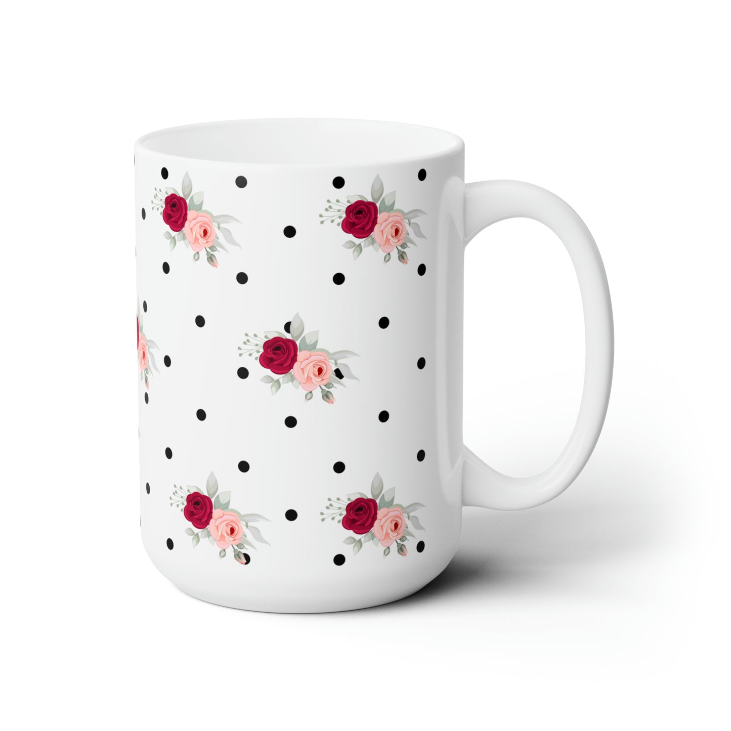 Polka Dot Red Floral Ceramic Mug 15oz